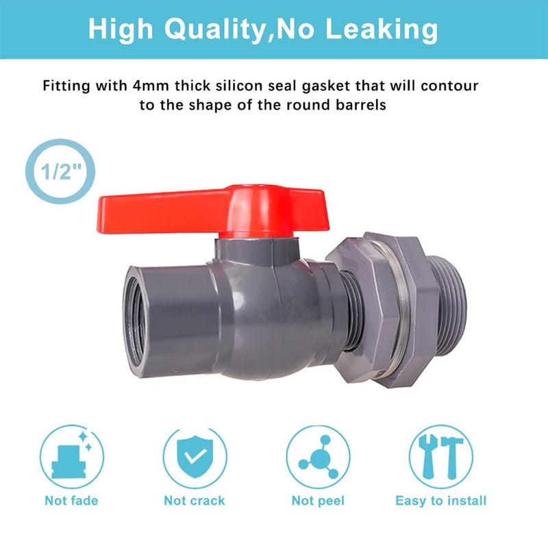 Ququyi 1/2 Inch PVC Rain Barrel Valve Spigot Kit with Ball Valve and Bulkhead Fitting Adapter for Water Tanks  Aquariums  Pools - Image 3